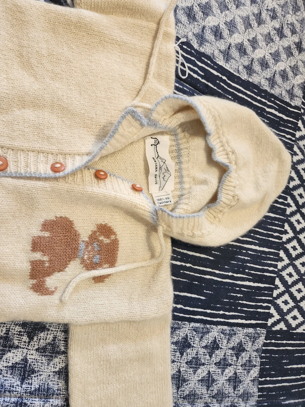 100% American Cashmere Cream & Blue Baby Hooded Bodysuit W/Puppy
